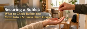House key being handed between two people inside furnished St Lucia share house room during sublet handover