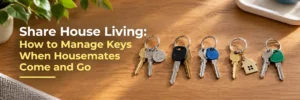 Five separate housemate key rings arranged in a row on timber surface for share house key management St Lucia