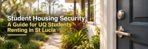 Deadbolt and lever handle on dark rental house entry door with subtropical garden path in St Lucia near UQ