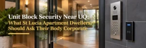 Apartment building intercom panel with camera keypad and contactless fob reader beside glass lobby entry in St Lucia unit block near UQ